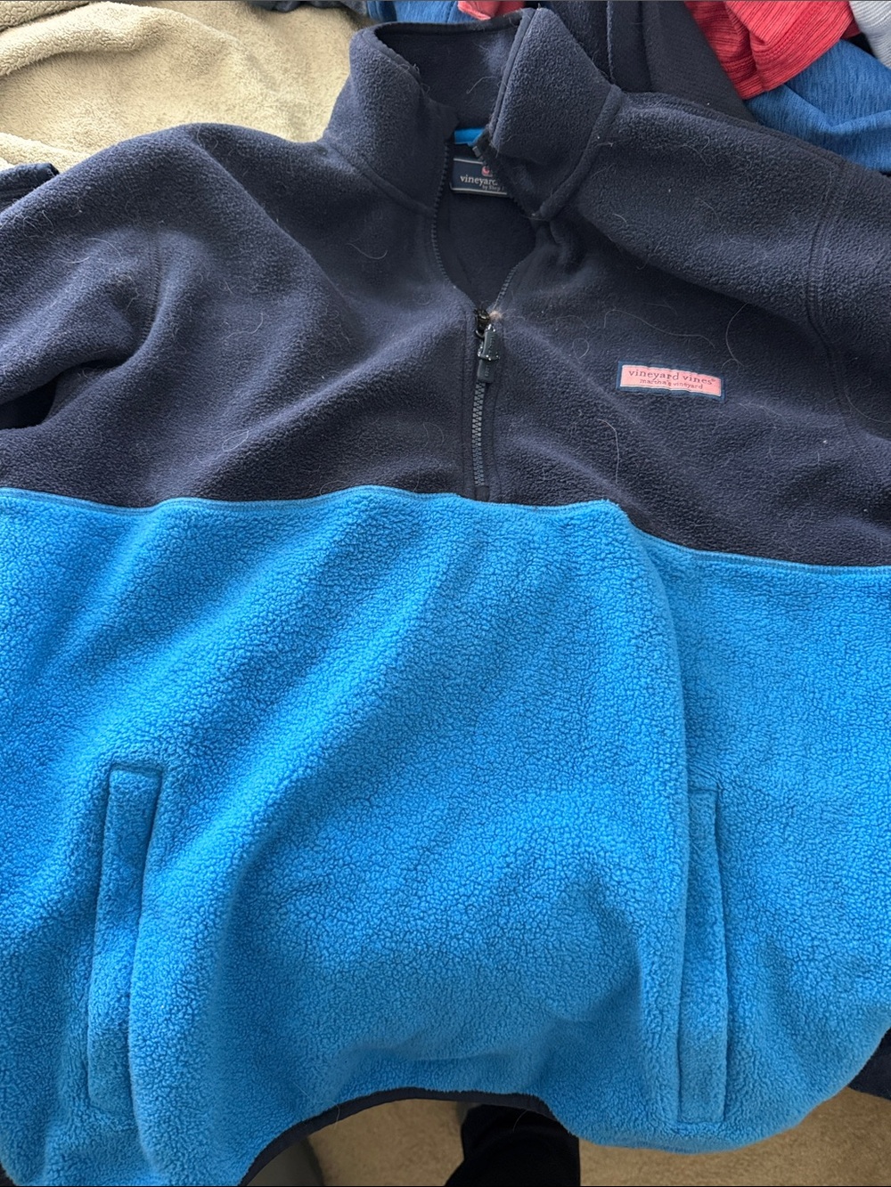 Vineyard Vines Mens Navy and Bright Blue Half-Zip Fleece Pullover